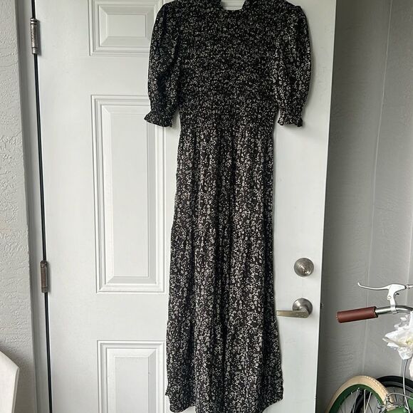 Spring Crew Neck Ruffle Short Sleeve Floral Print Smocked Boho Flowy Maxi Dress - Picture 4 of 8